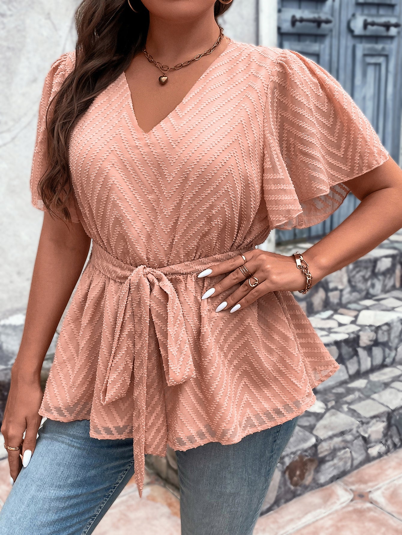 Coral V-Neck Plus Half Sleeves Blouse with Tie