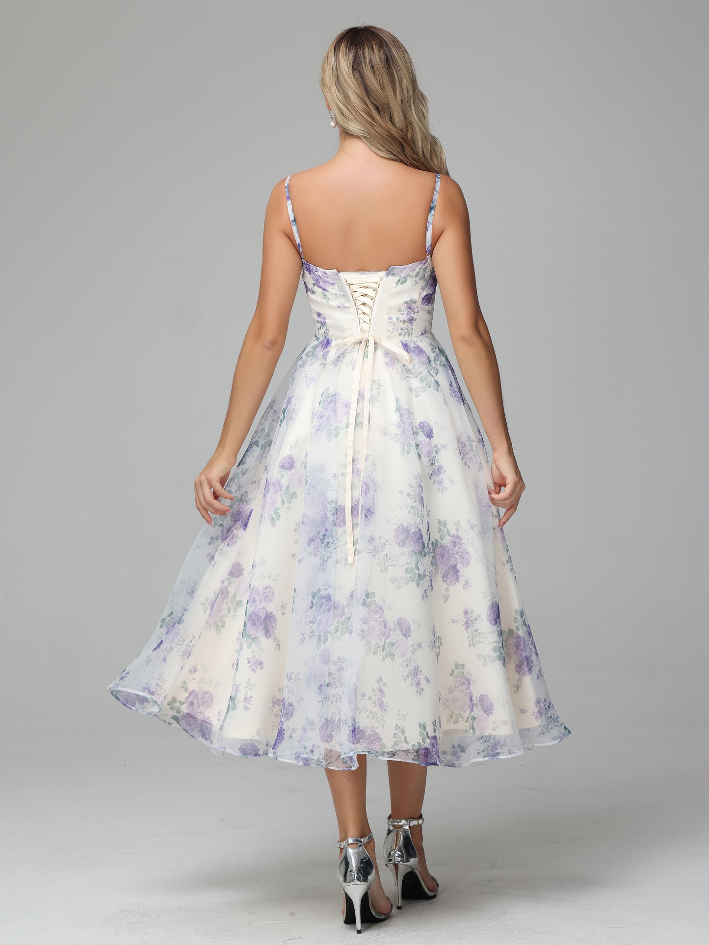 Cicinia Tea Length Lace-up Floral Prom Dresses