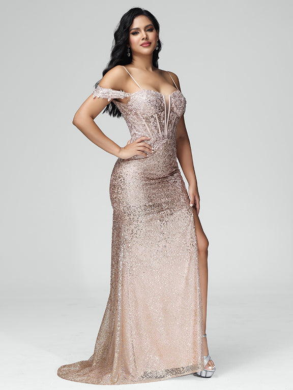 Sheath/Column Off-the-Shoulder Pleated Sequin Prom Dresses with Split Side main image 1