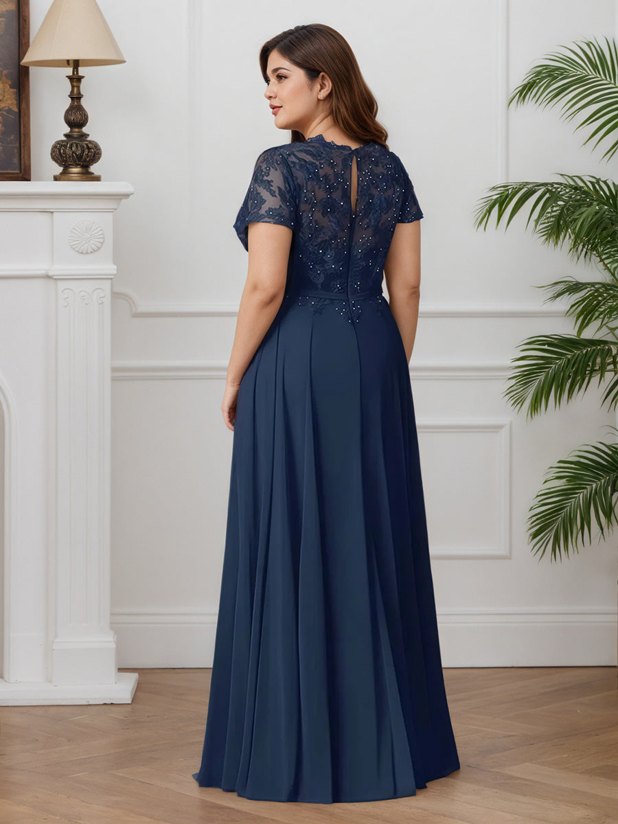 Cicinia Dark Navy Mother Of The Bride Dresses Chiffon Lace Short Sleeves Jewel Long A-Line Plus Size