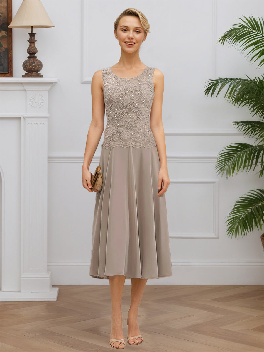 Cicinia Taupe 3 Piece Mother Of The Bride Dresses with Jacket Lace Chiffon A-Line Tea Length