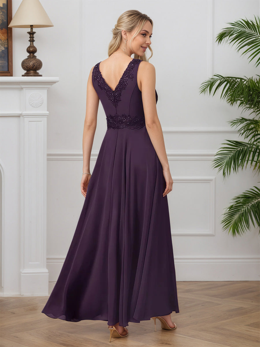 Cicinia Plum 2 Piece Mother Of The Bride Dresses Chiffon Lace Sleeveless V-Neck A-Line