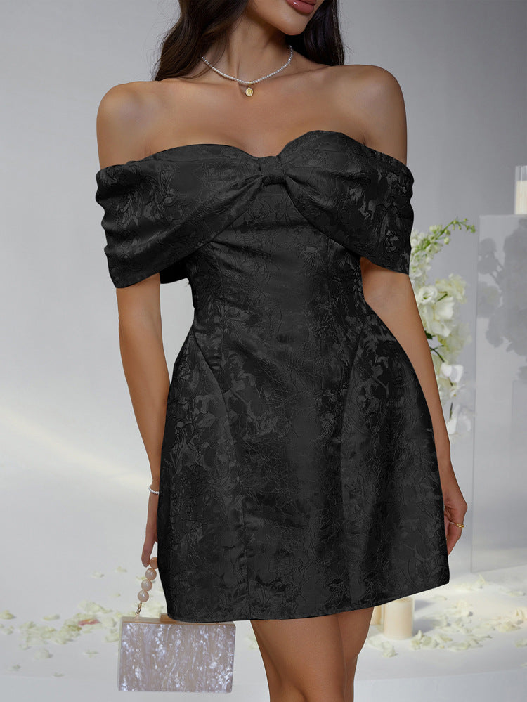 Illusion Bowknot Neck Strapless Black Off The Shouder Wedding Guest Dress