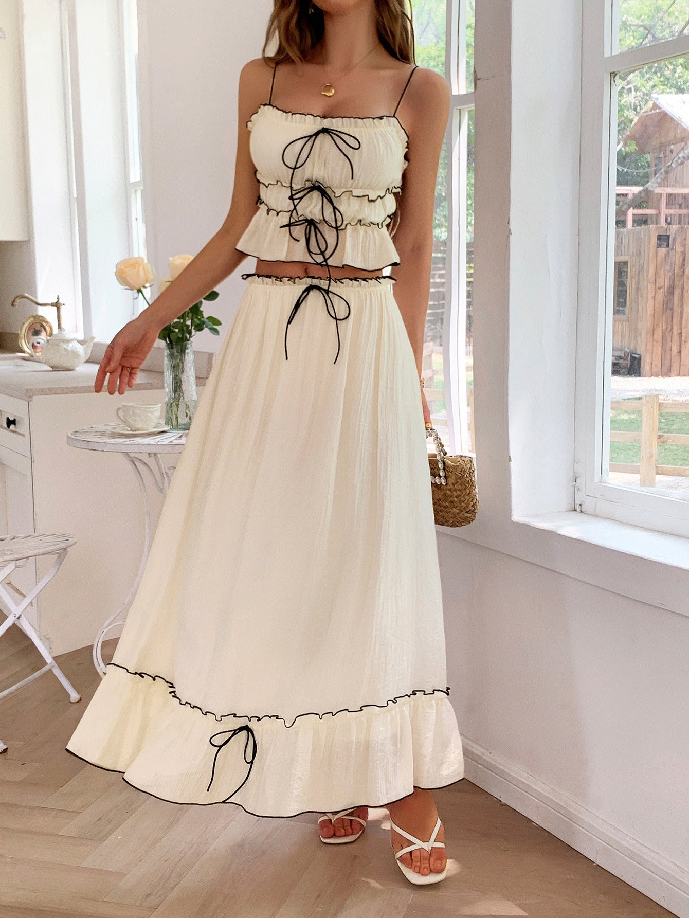 2 Pieces Spaghetti Straps Ruffle Bodice Apricot Wedding Guest Dress