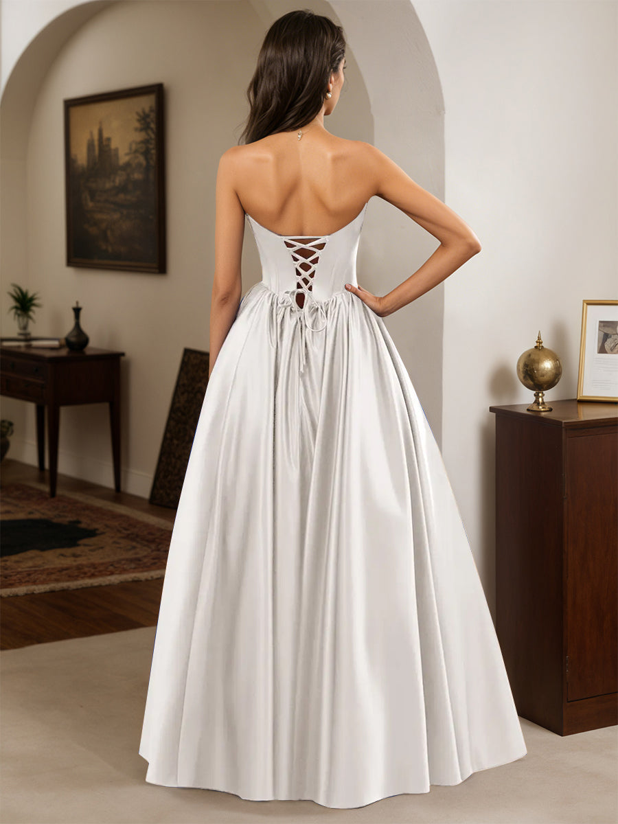 Cicinia White Prom Dresses Satin Strapless A-Line Floor Length Sleeveless Pretty Gown
