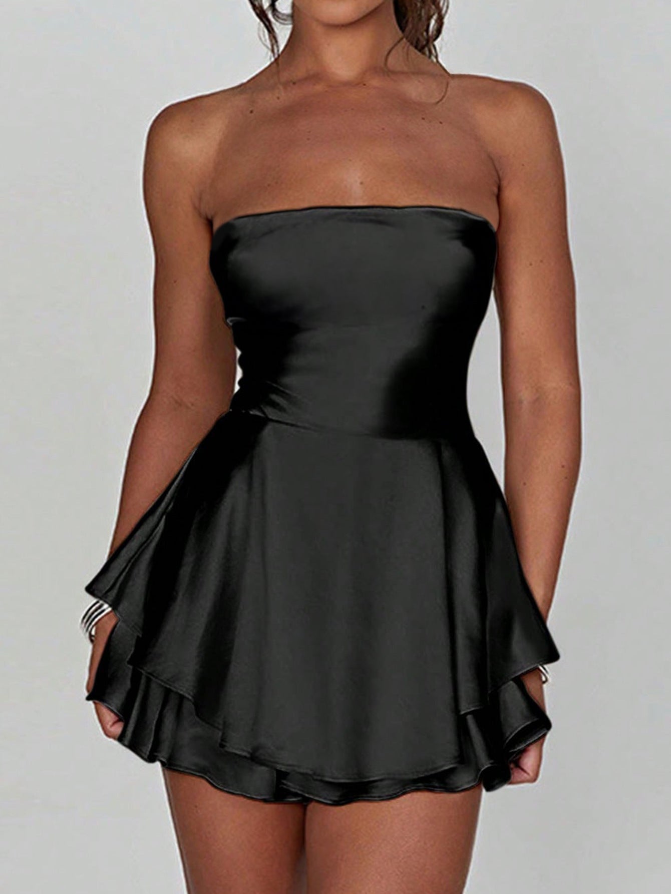 Satin Black Strapless Sleeveless Ruffle Lace Up Wedding Guest Dress