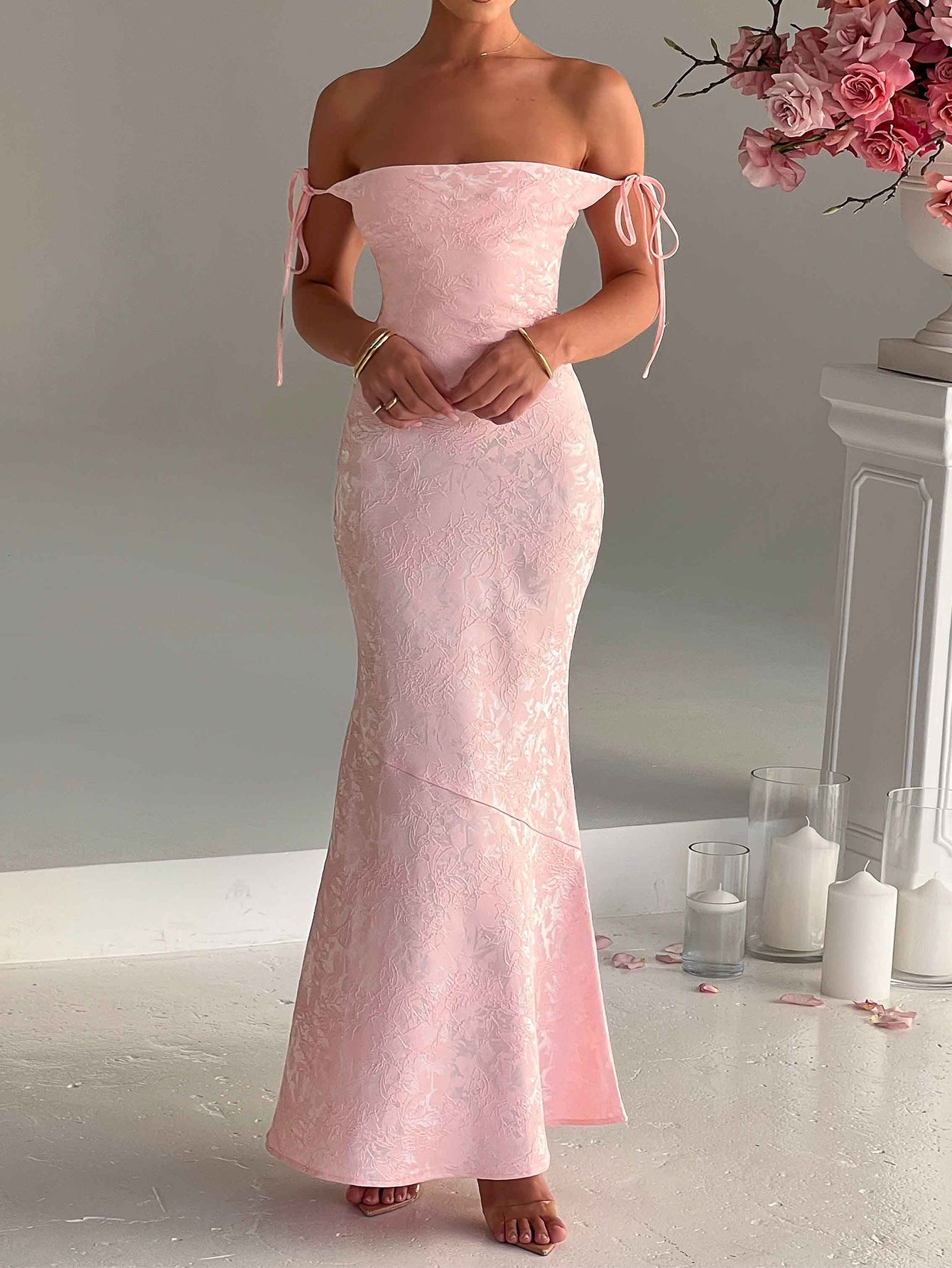 Square Neckline Spaghetti Straps Blush Pink Printed Sheath Wedding Guest Dress