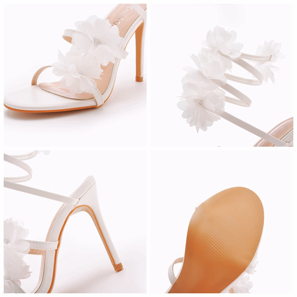 White Appliques Ankle Strap Open Toe Ultra High Heels