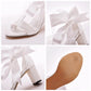 Ivory Satin Tied Open Toe Ankle Strap Chunky Heel Sandals