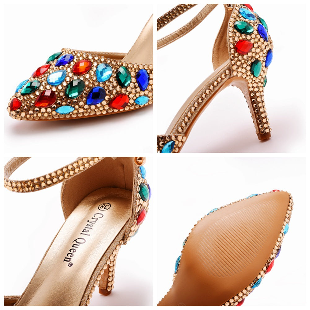 Pointed Toe Colorful Rhinestone Decor Ankle-Strap High Heels