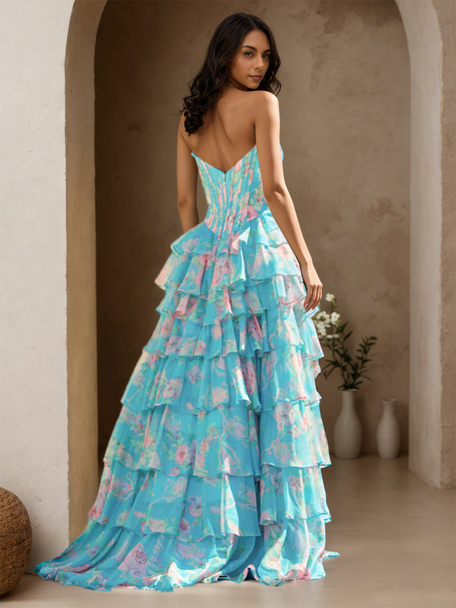 Cicinia Pool Prom Dress Floral Printed Strapless Layers Sleeveless A-Line Evening Gowns