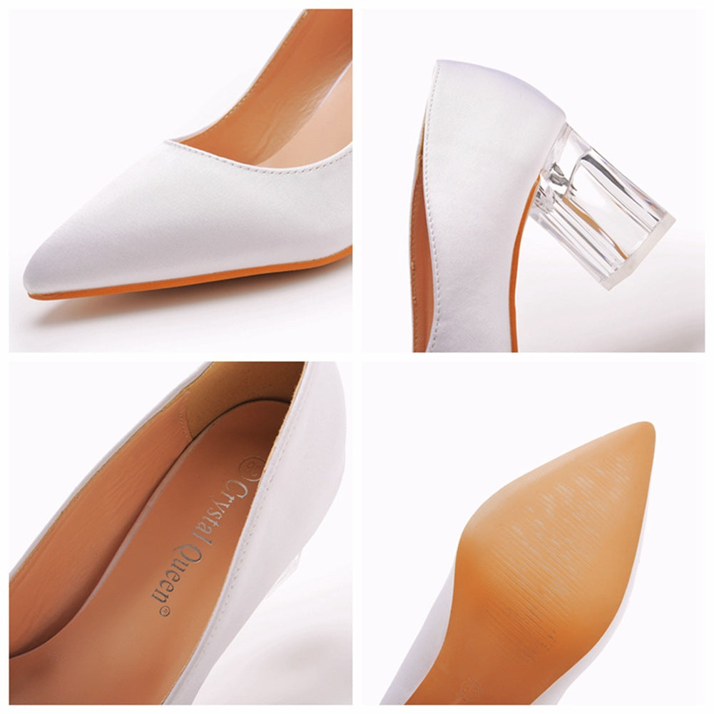 Pointed Toe White Block Heels Crystal Transparent Square Heels