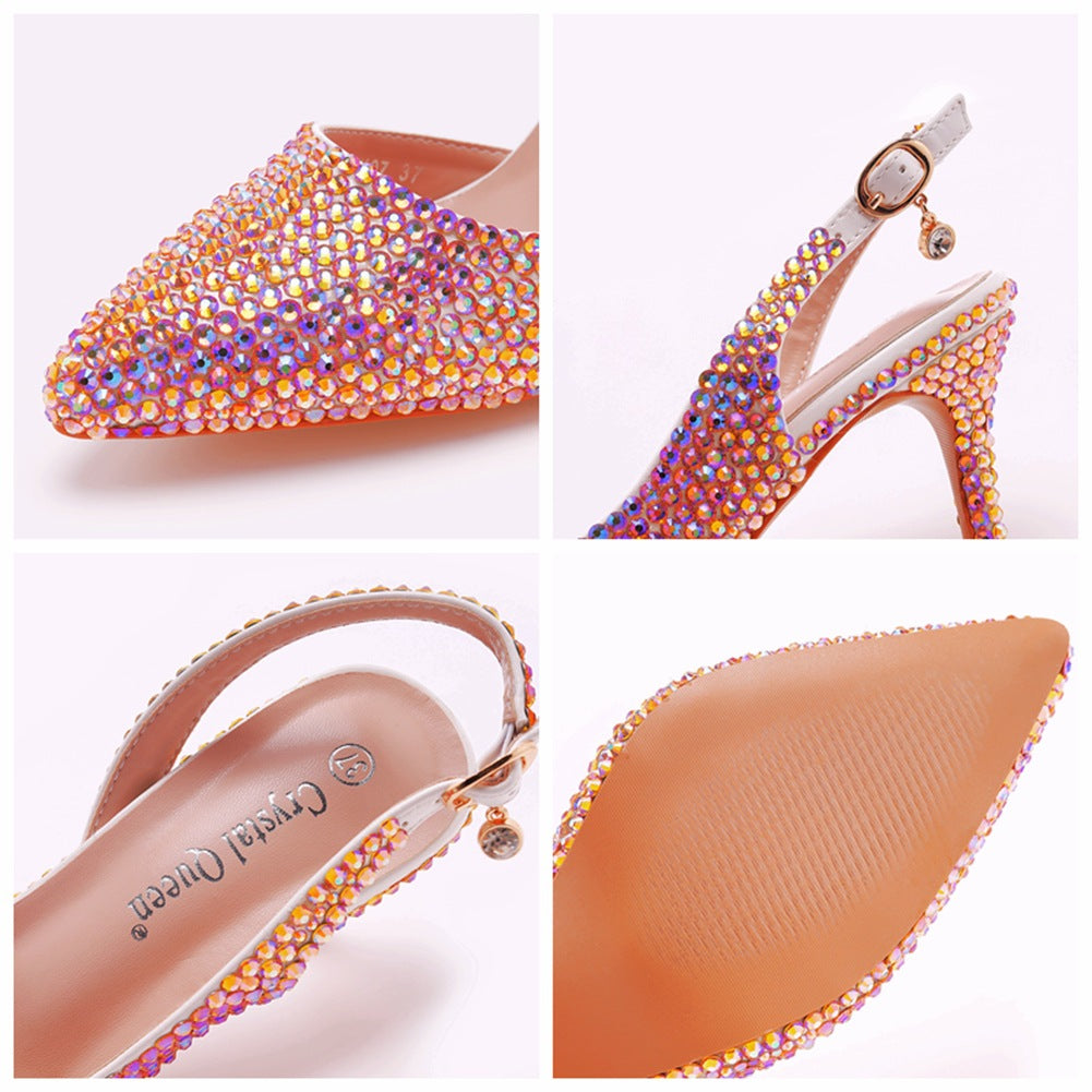 Pointed-Toe Colored Rhinestone Slingback High Heels