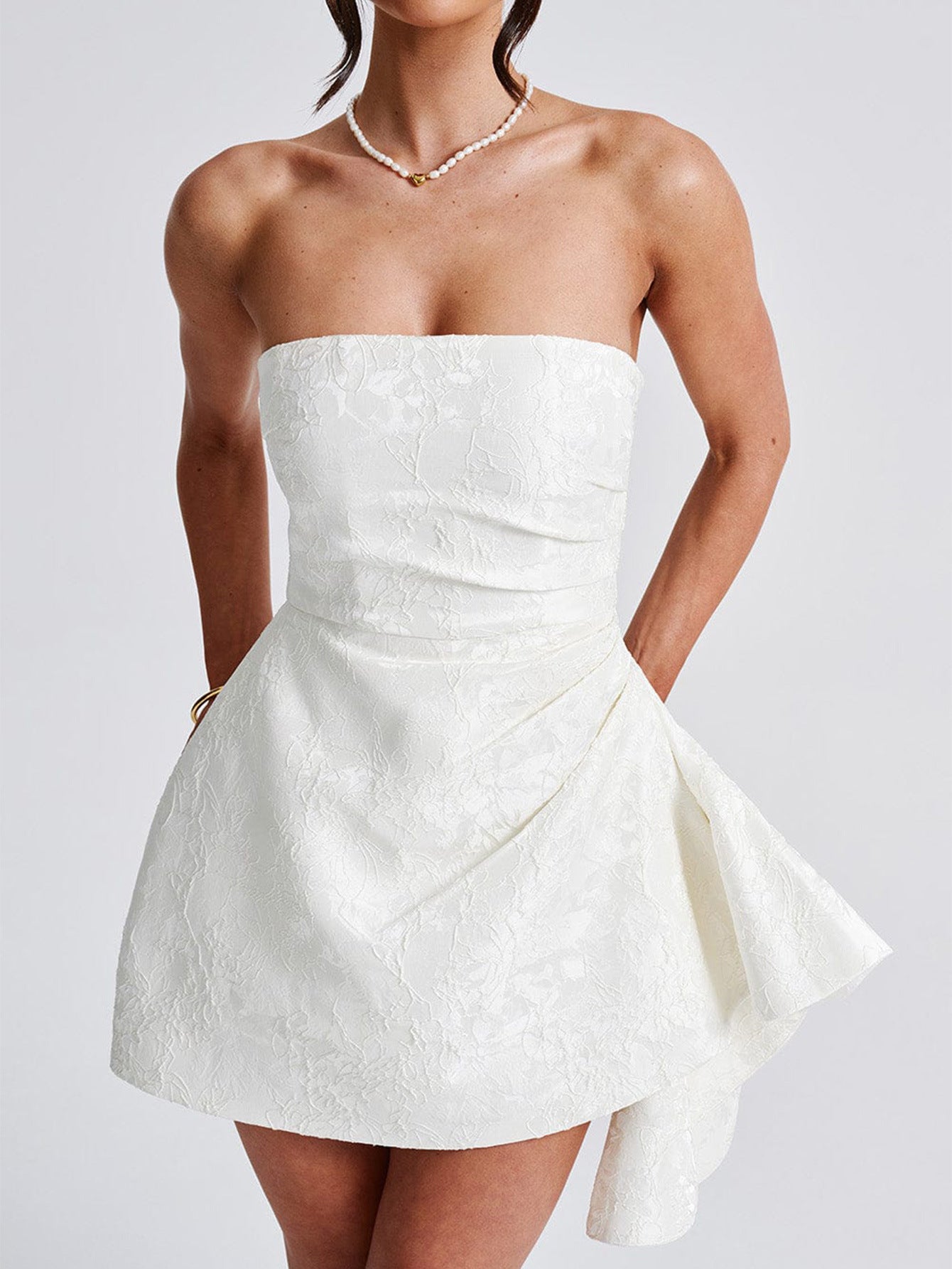 Strapless Ivory Printed Mini Wedding Guest Dress with Ruffle Side