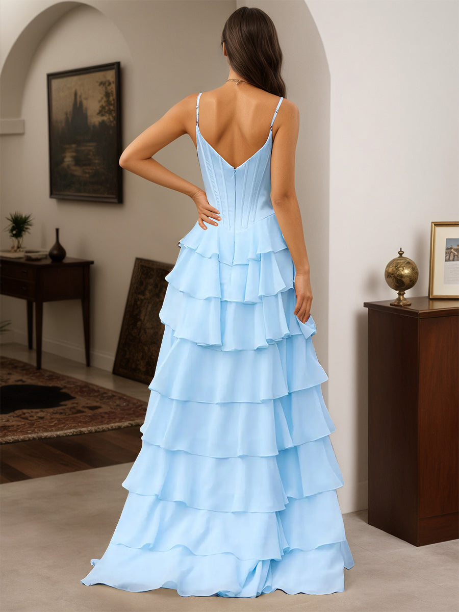 Cicinia Sky Blue Prom Dresses Spaghetti Straps A-Line Layers Floor Length with Split