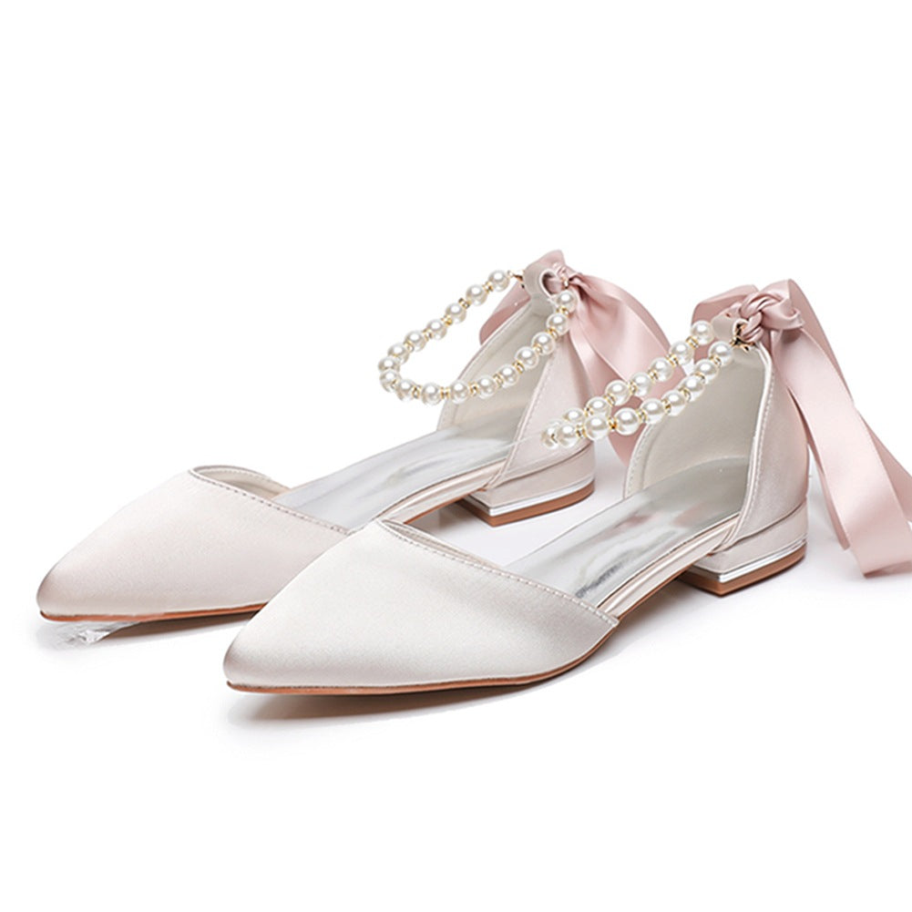 Elegant Pearl Ribbon Tie Satin Flat Heel Pointed Toe Bridal Shoes