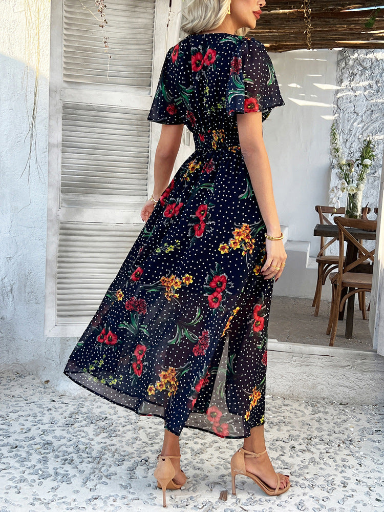 Dark Navy Sexy Deep V Chiffon Printed Floral Short Sleeves Wedding Guest Dress