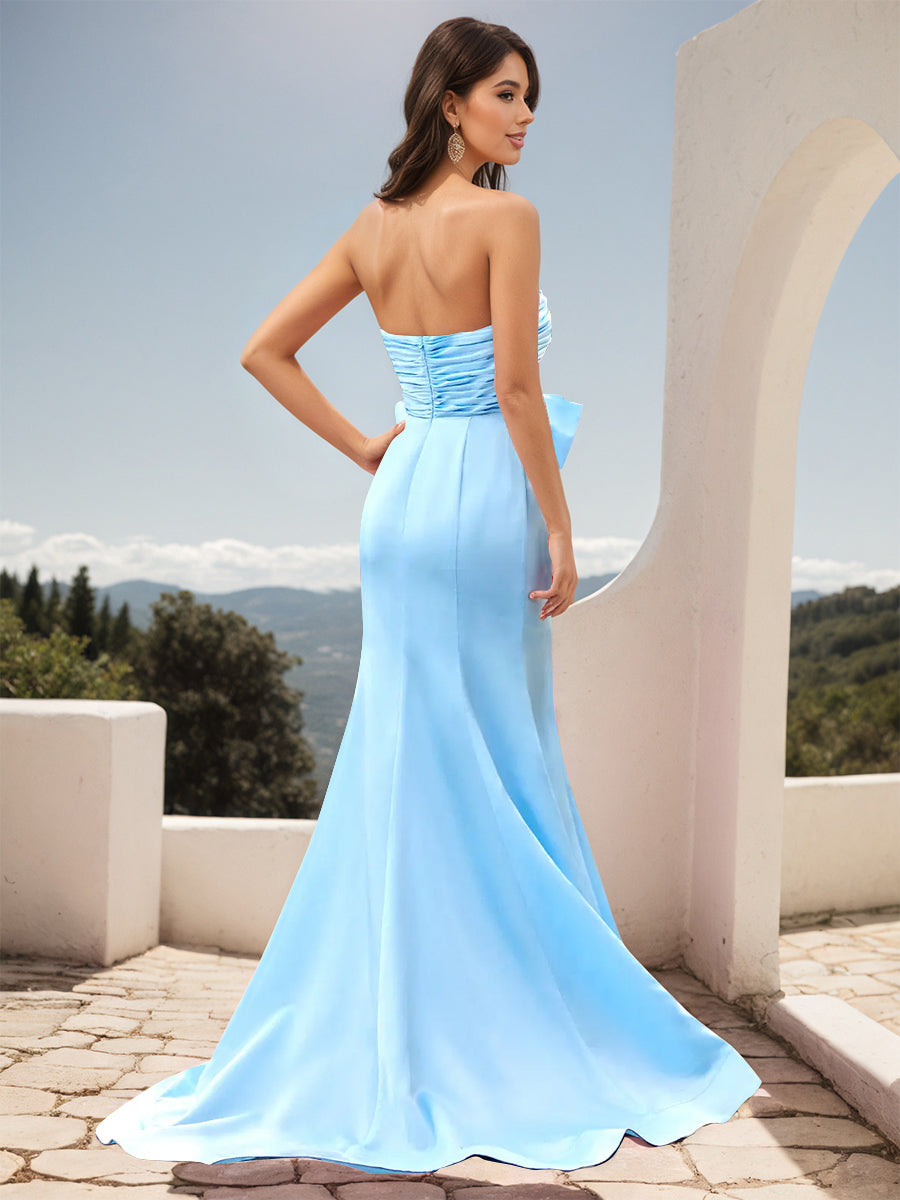 Cicinia Blue Prom Dresses Stretch Fabric Bowknot Sheath Slit Strapless Evening Gowns
