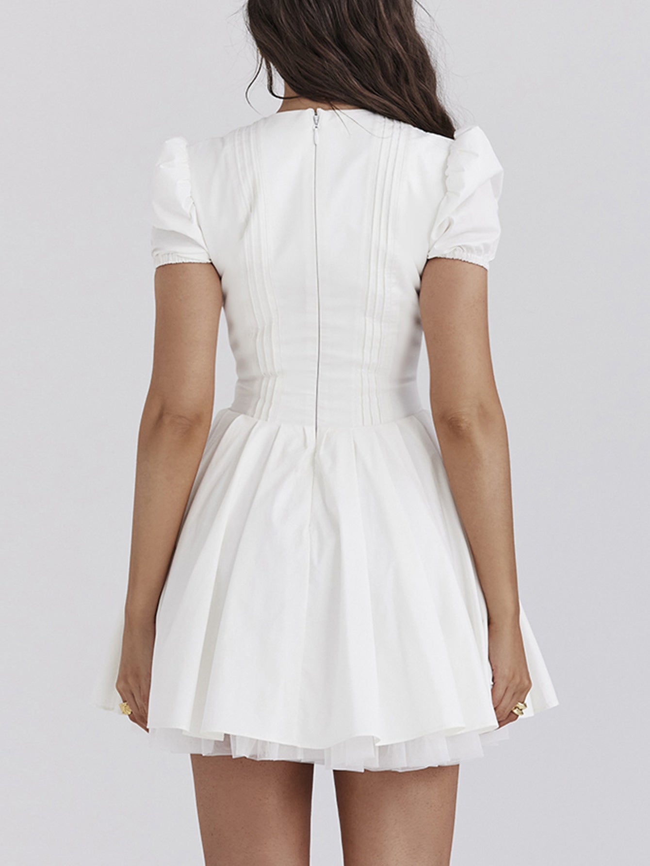 White V-Neck Short Sleeves Ruffle Mini Wedding Guest Dress