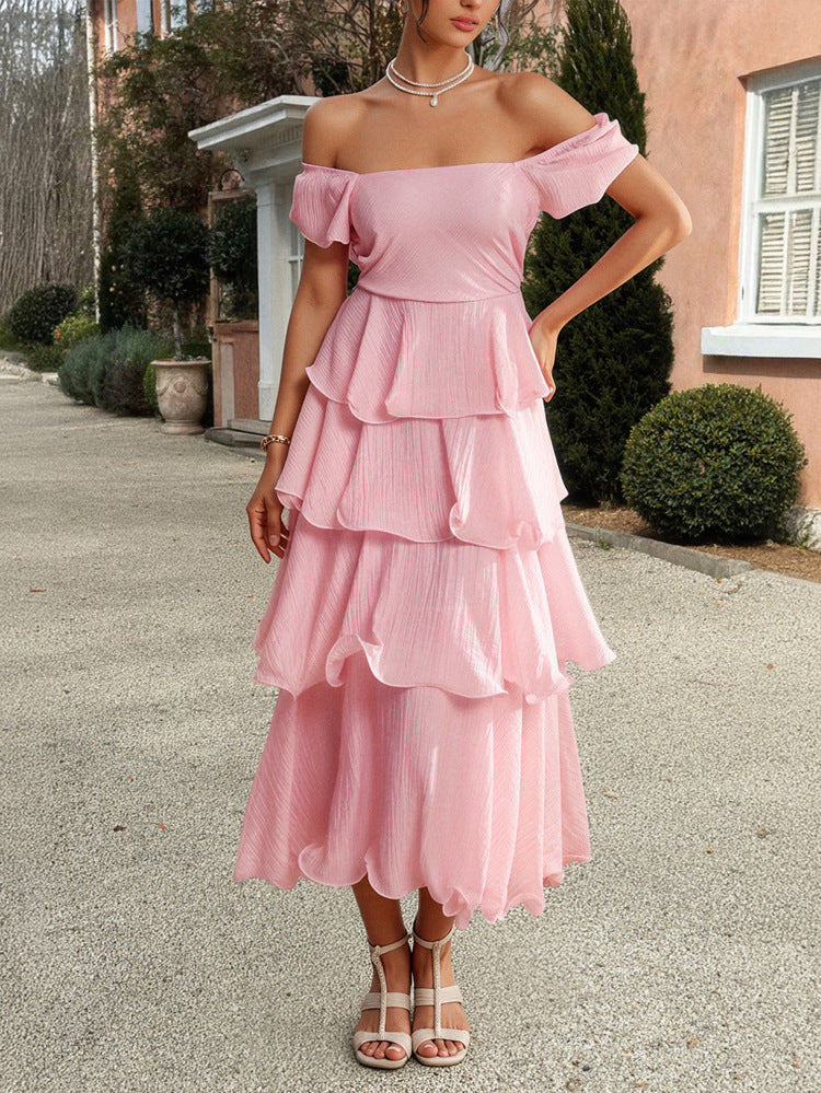 Puff Sleeves Square Neckline Pink Layers Wedding Guest Dress