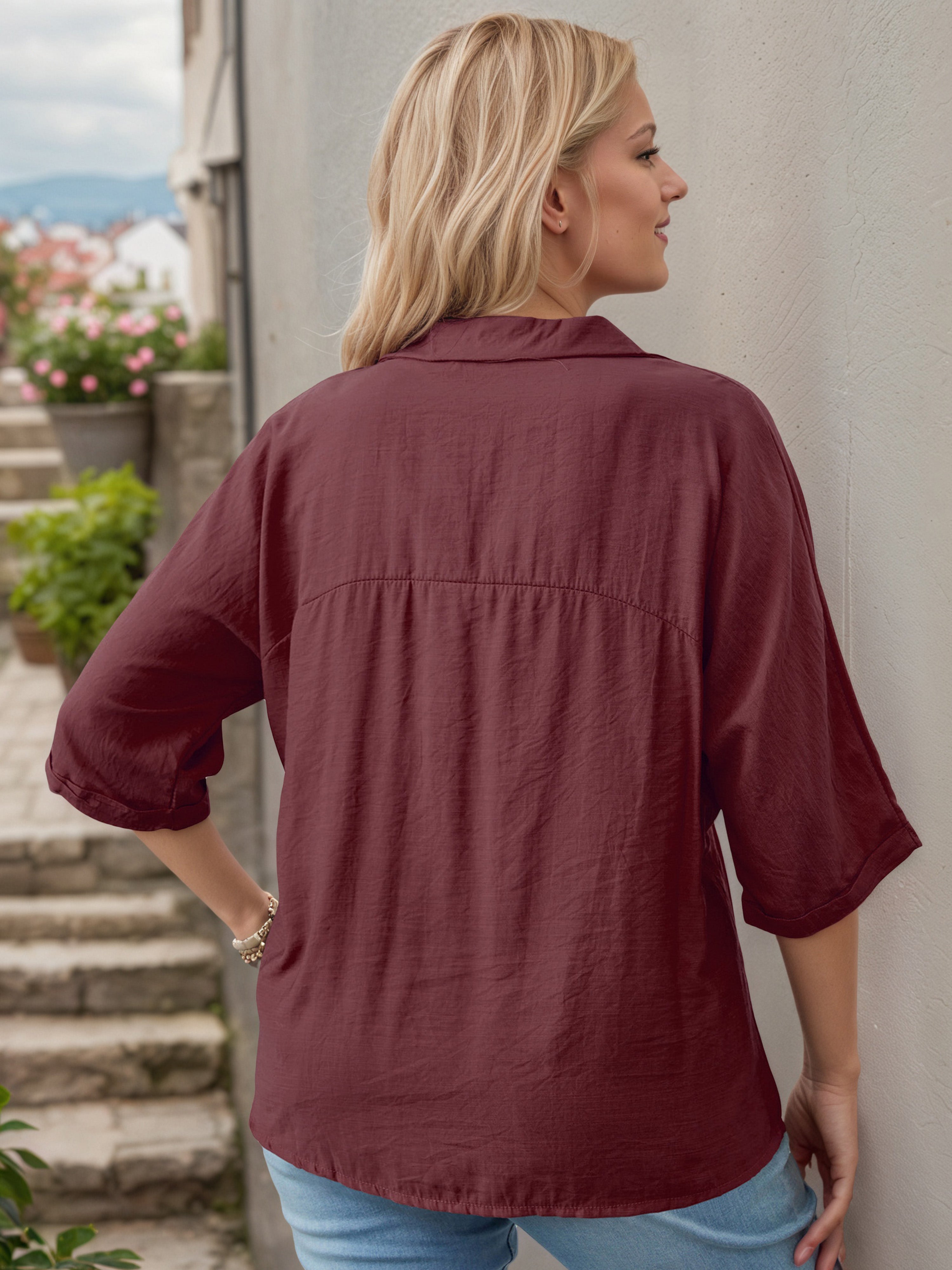 Plus V-Neck Button Half Sleeves Cabernet Blouse