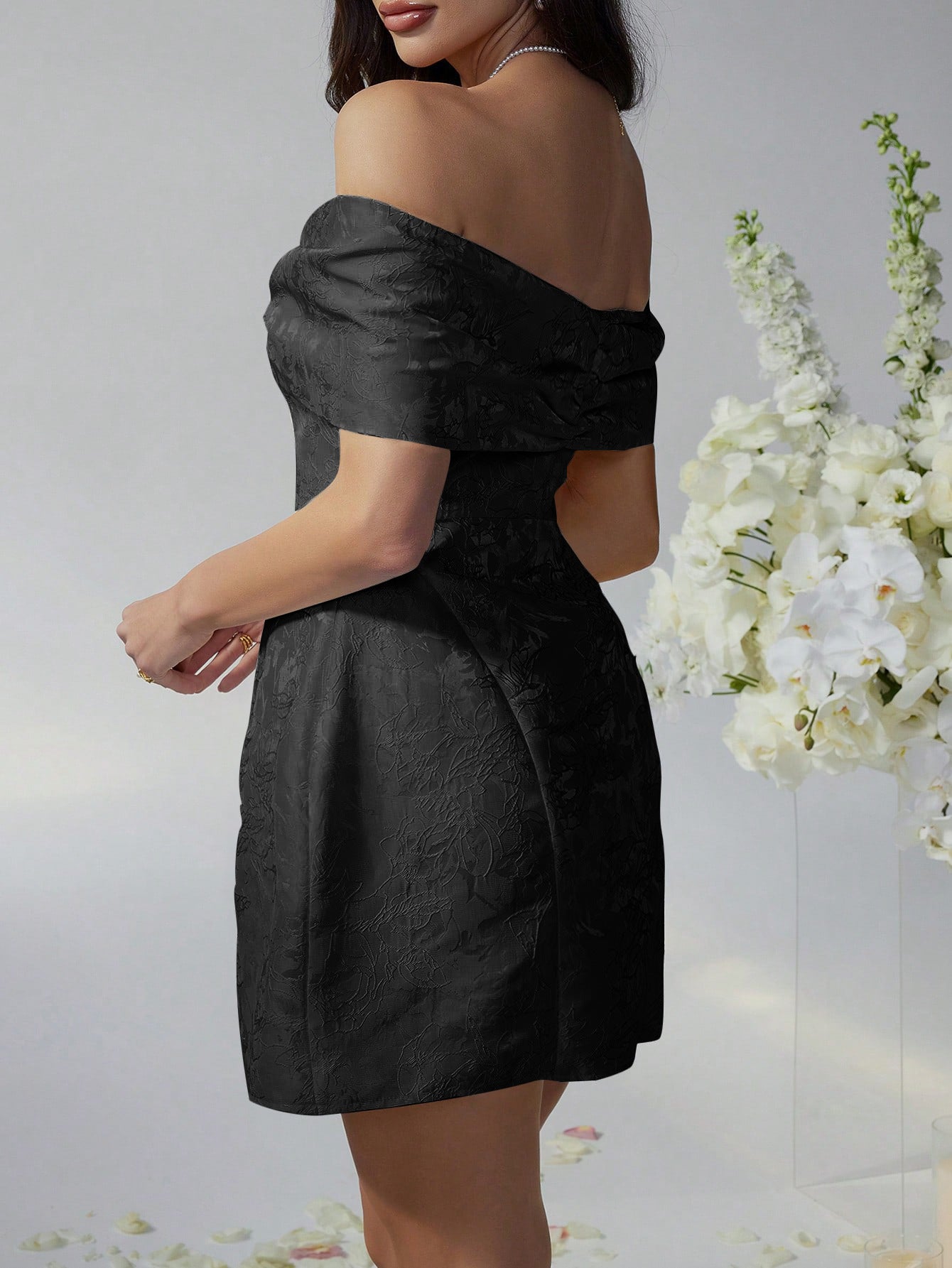 Illusion Bowknot Neck Strapless Black Off The Shouder Wedding Guest Dress