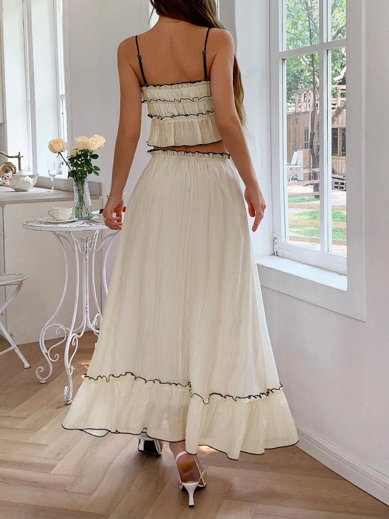 2 Pieces Spaghetti Straps Ruffle Bodice Apricot Wedding Guest Dress