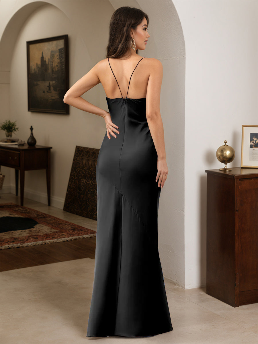 Cicinia Black Prom Dresses Soft Satin Chic Sheath Slit Spaghetti Straps Floor Length Evening Prom