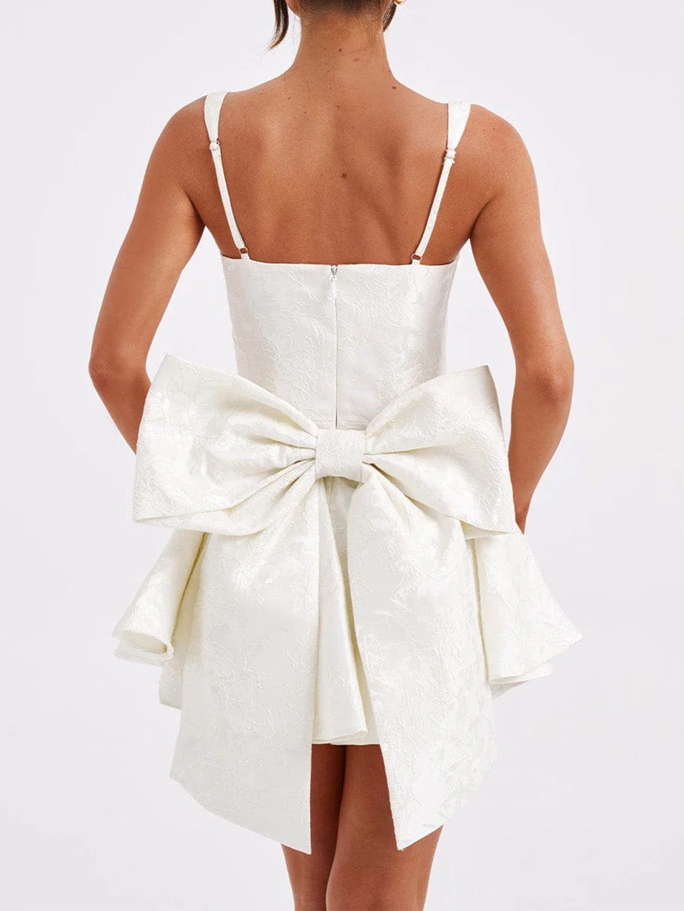 Ivory Floral Straps Mini Dress Square Neckline Sleeveless Wedding Guest Dress with Bowknot