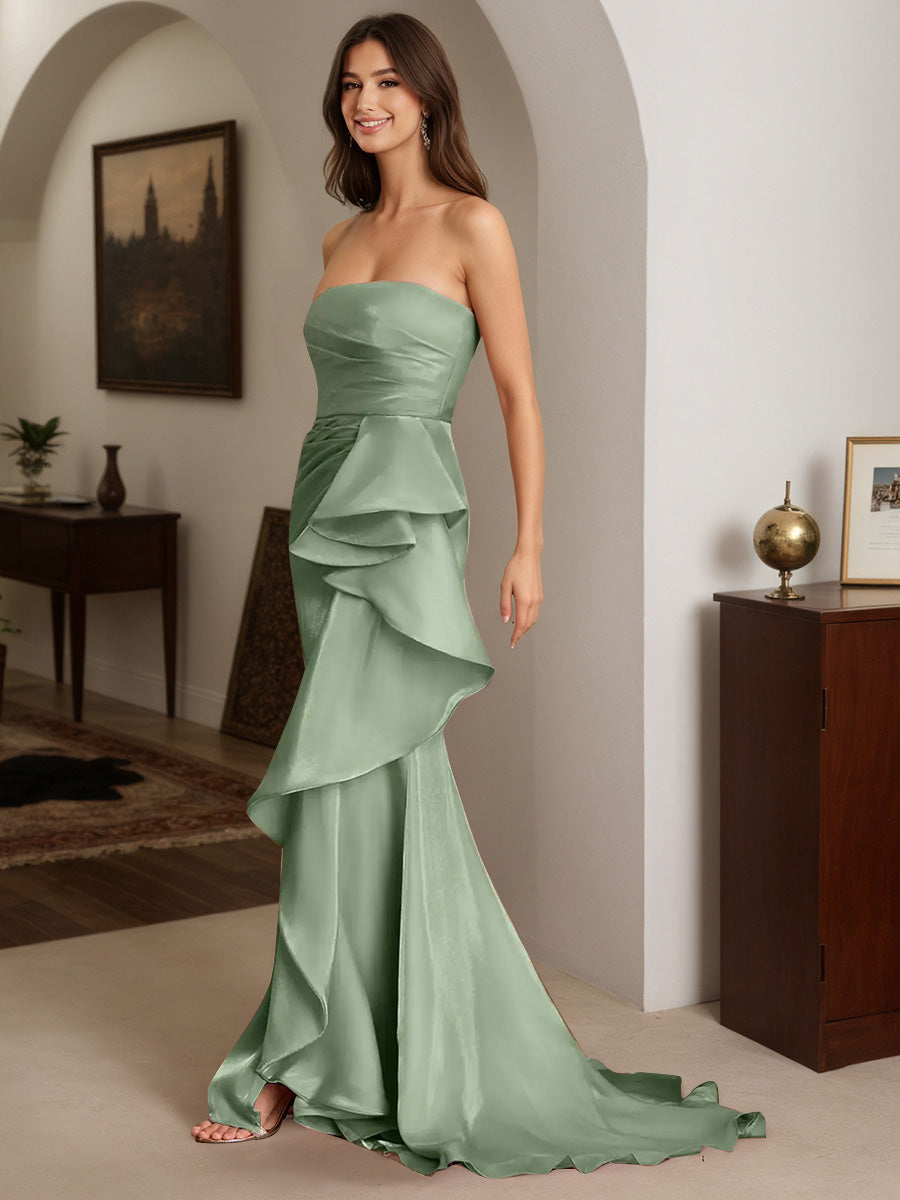 Cicinia Dusty Sage Prom Dresses Strapless Sheath Slit Party Dress with Sweep Train