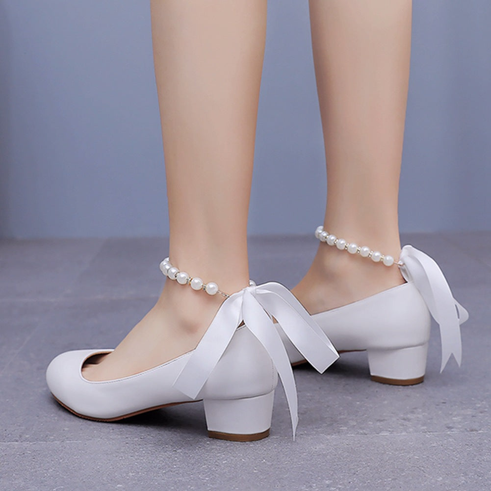 Beaded Ribbons Chunky Heels Round Toe Wedding Shoes