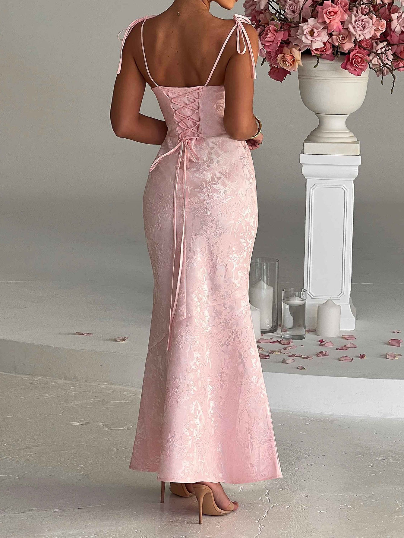 Square Neckline Spaghetti Straps Blush Pink Printed Sheath Wedding Guest Dress