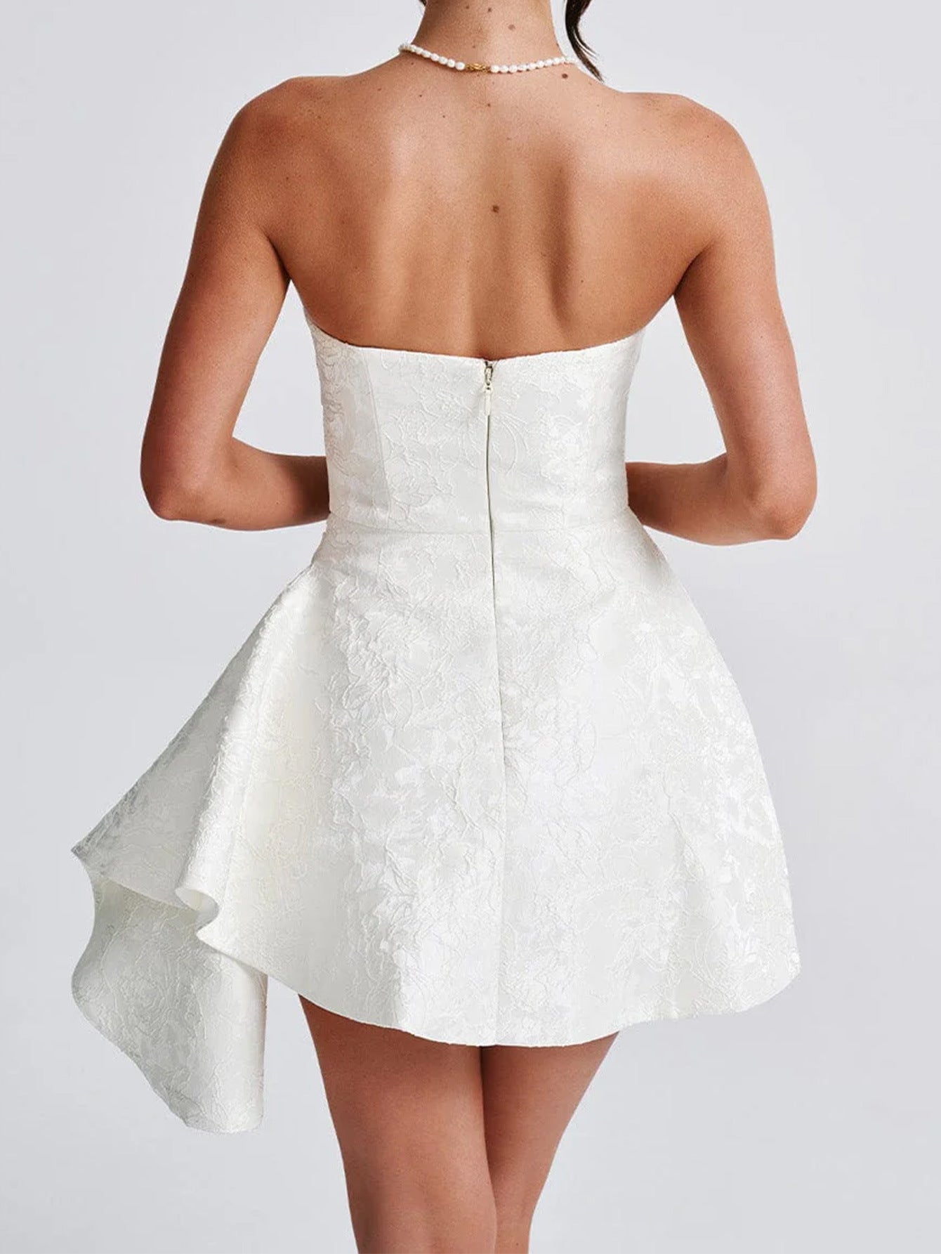 Strapless Ivory Printed Mini Wedding Guest Dress with Ruffle Side