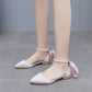 Elegant Pearl Ribbon Tie Satin Flat Heel Pointed Toe Bridal Shoes