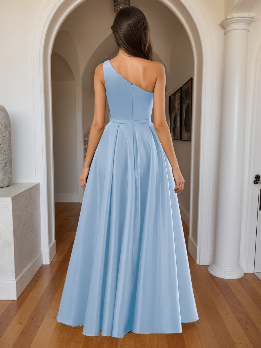 Cicinia Sky Blue Prom Dresses Satin A-Line One Shoulder with Slit Floor Length Gowns