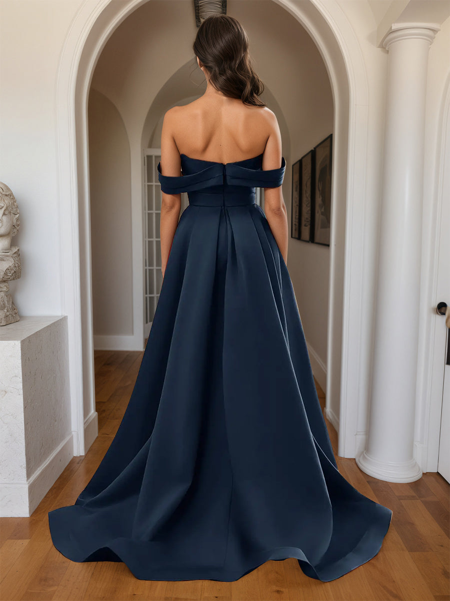 Cicinia Dark Navy Prom Dresses Soft Satin Off The Shoulder Sheath/Column Long Party Dress