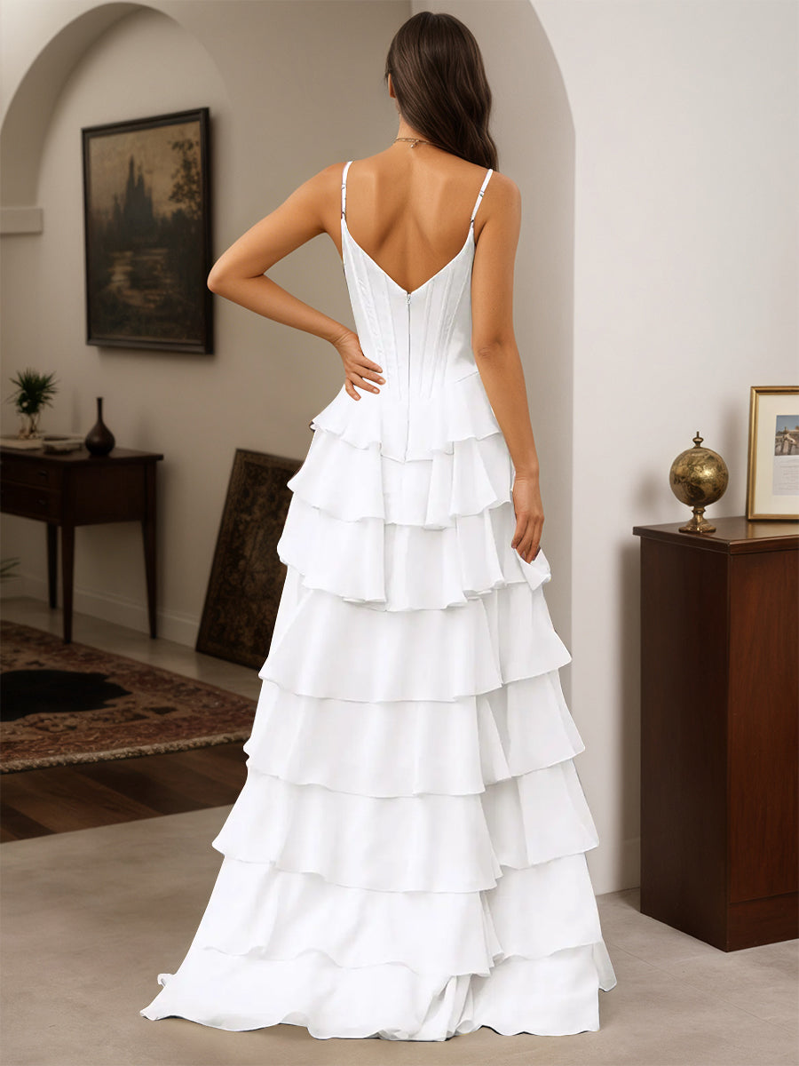 Cicinia White Prom Dresses Spaghetti Straps A-Line Layers Floor Length with Split