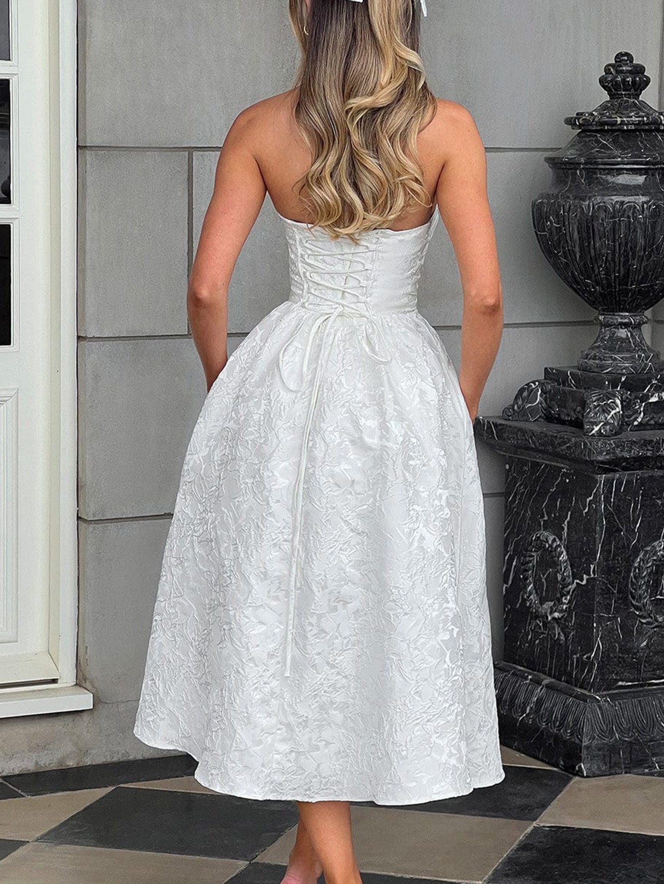 Empire Waist Strapless Printed Floral White Wedding Guest Dress