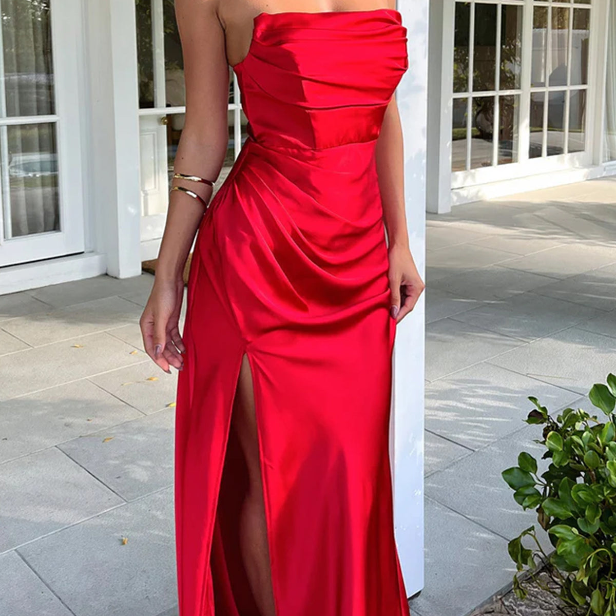 Sheath/Column Strapless Pleats Red Dress Wedding Guest Dress with Spli