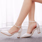 White Pointed Toe Lace Ankle Strap Chunky Heel