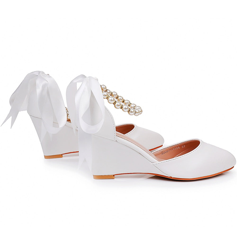 Chunky Heels Ribbons Pointed Toe Women's Wedding Shoes