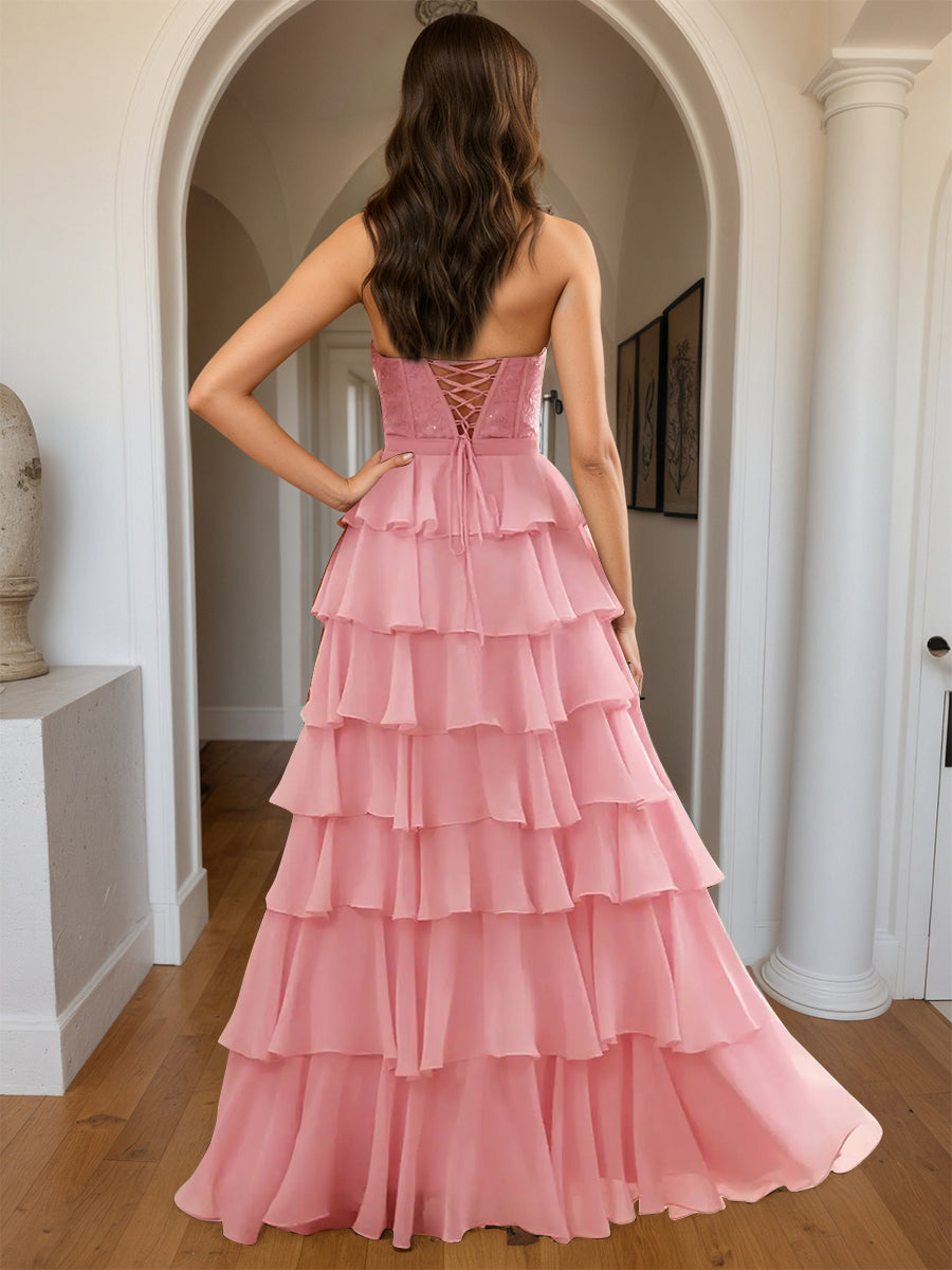 Cicinia Pink Prom Dresses Long Halter A-Line Chiffon Backless Sleeveless Layers Prom Gowns