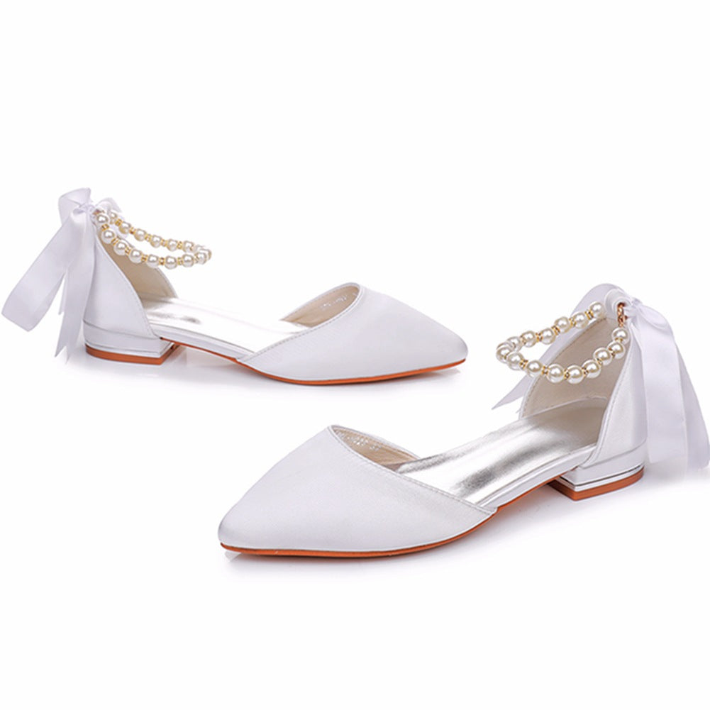 Elegant Pearl Ribbon Tie Satin Flat Heel Pointed Toe Bridal Shoes