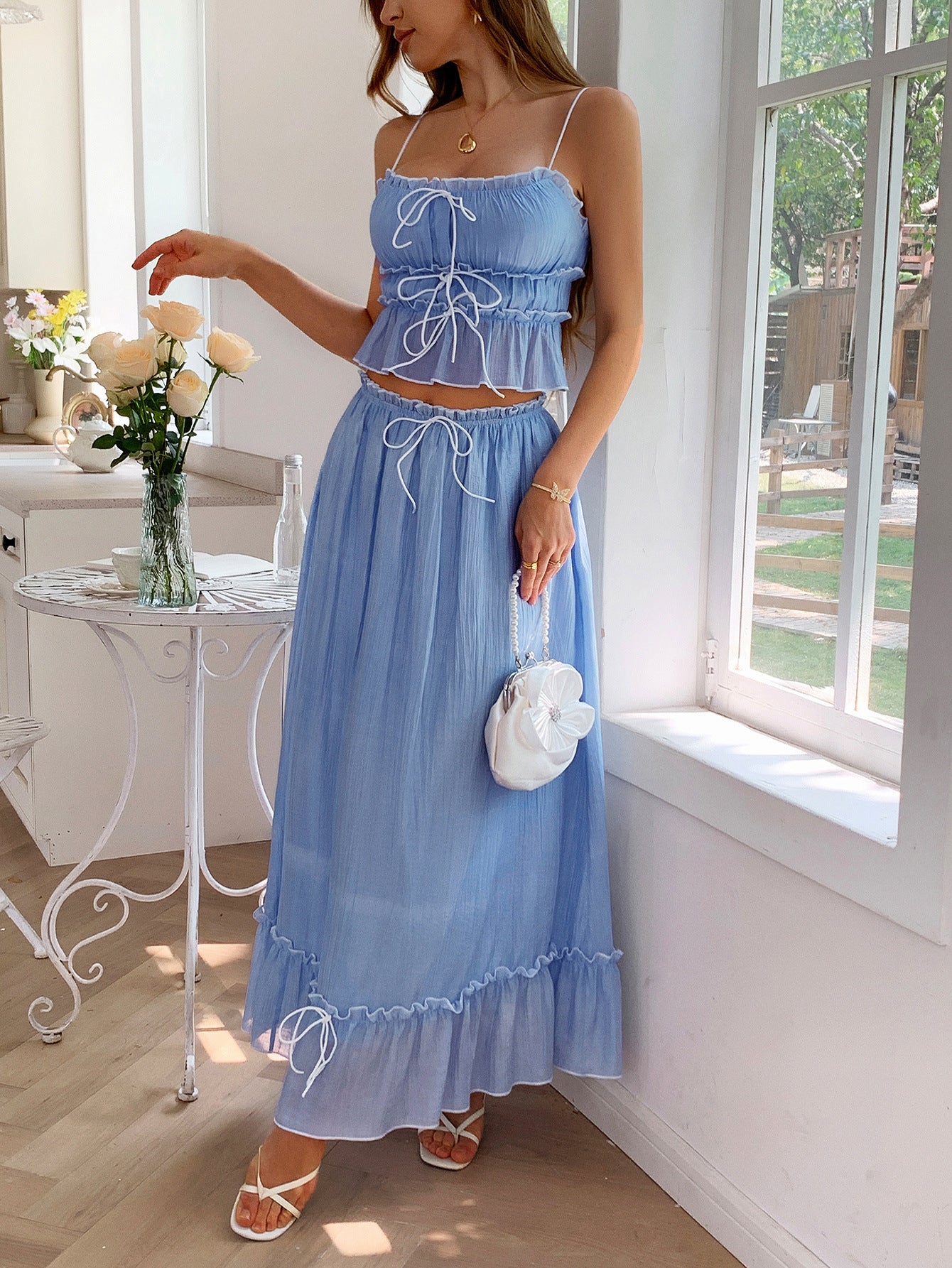 2 Pieces Spaghetti Straps Ruffle Bodice Blue Wedding Guest Dress