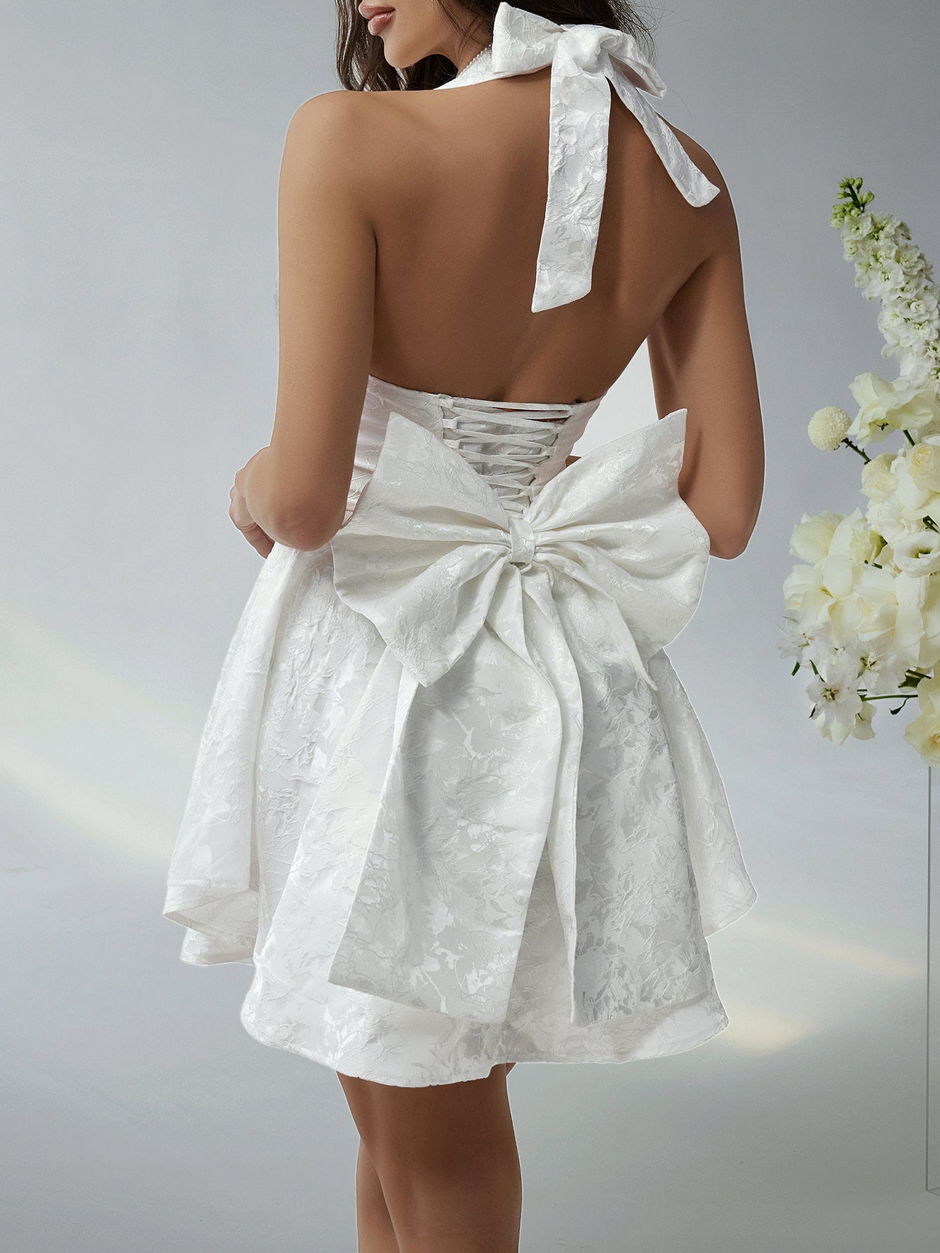 Halter Sleeveless U-Neck White Printed Mini Wedding Guest Dress with Bowknot