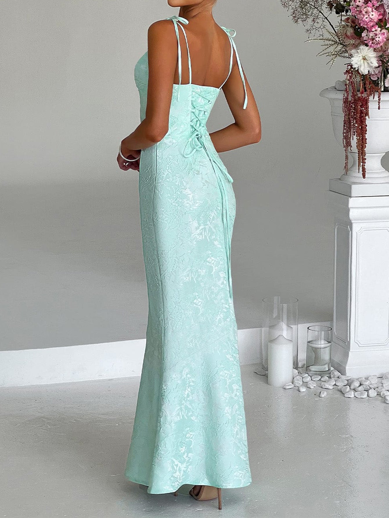 Square Neckline Spaghetti Straps Mint Green Printed Sheath Wedding Guest Dress