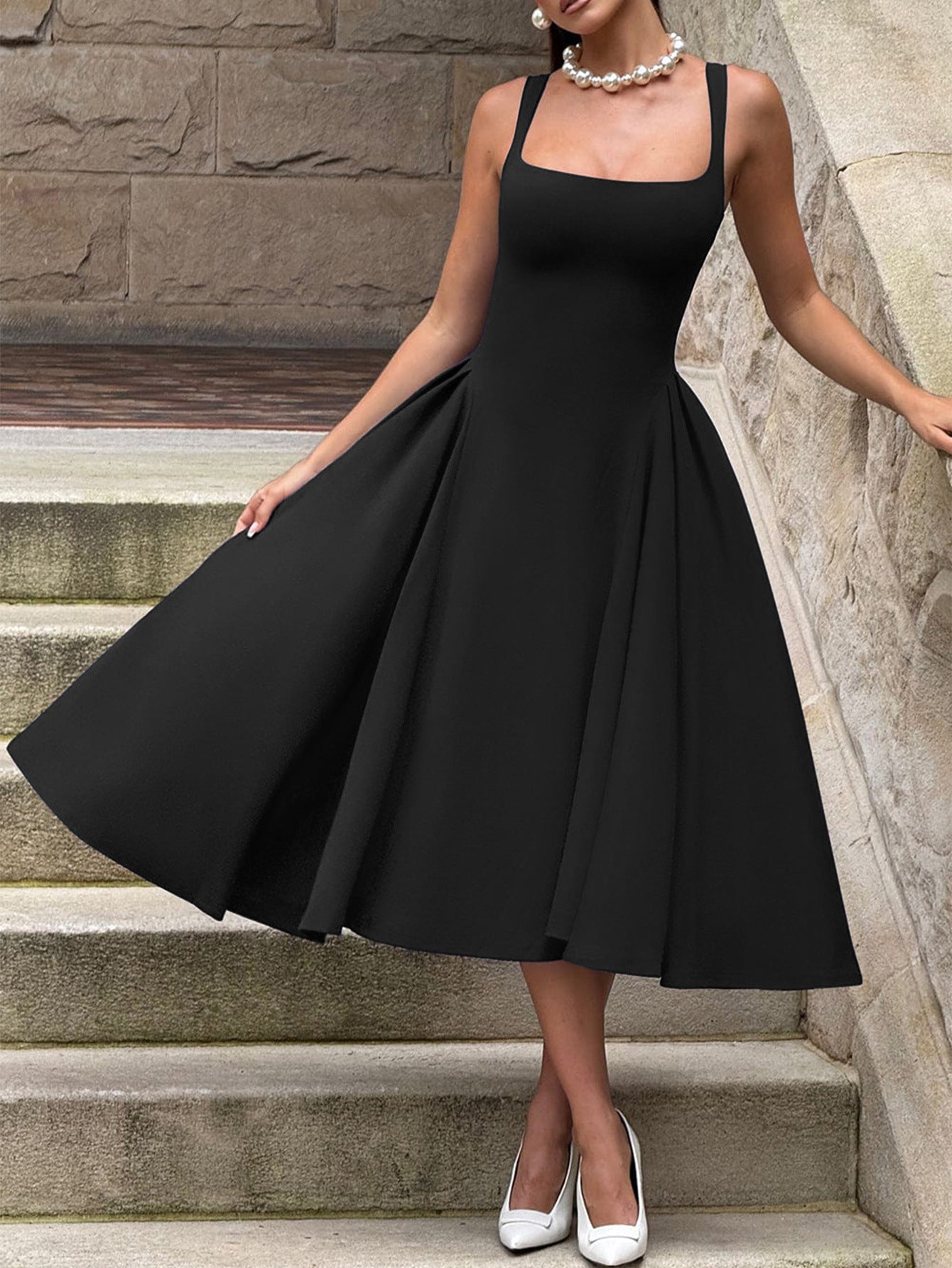 Ankle Length Black Dress Square Neckline Sleeveless Wedding Guest Dress