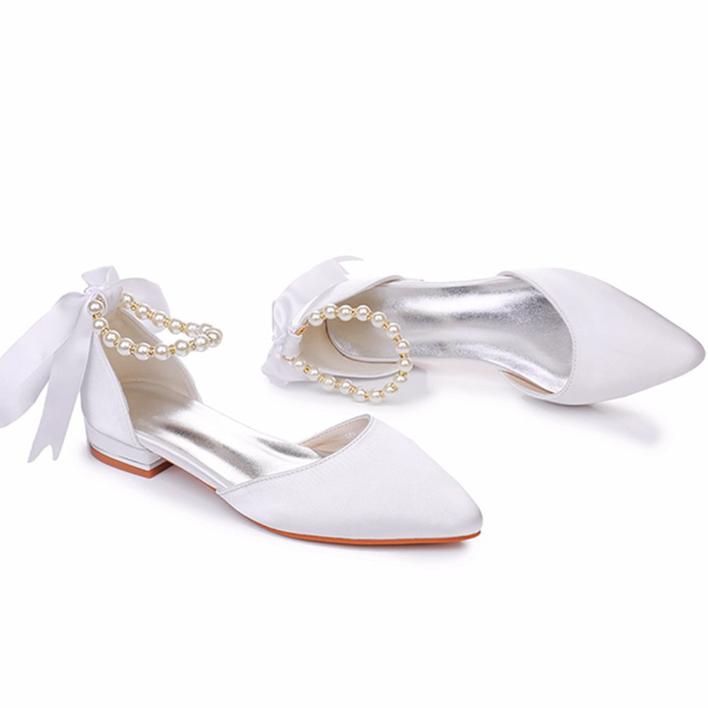 Elegant Pearl Ribbon Tie Satin Flat Heel Pointed Toe Bridal Shoes