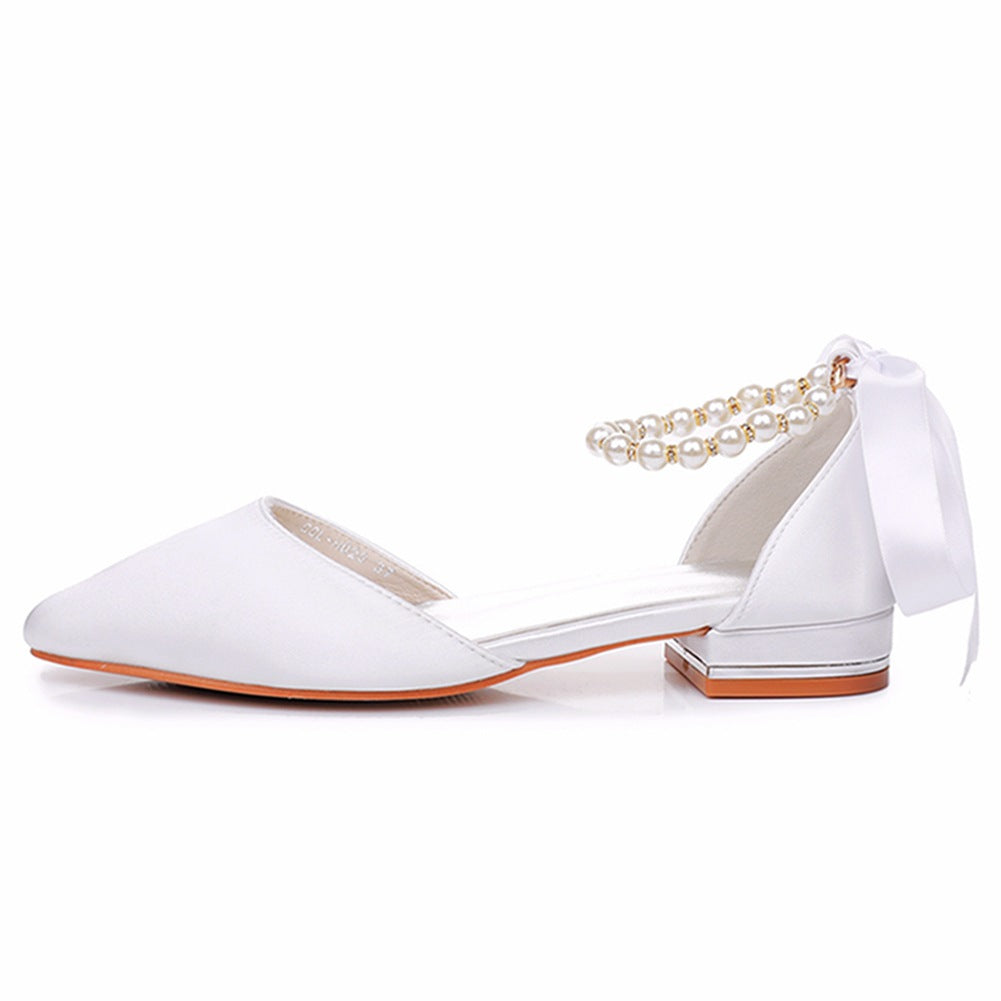 Elegant Pearl Ribbon Tie Satin Flat Heel Pointed Toe Bridal Shoes