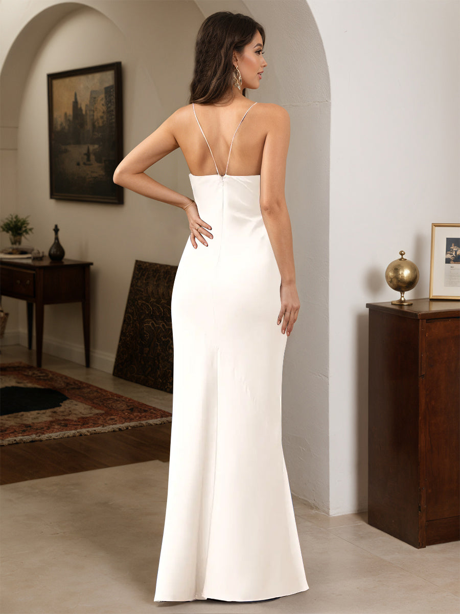 Cicinia White Prom Dresses Soft Satin Chic Sheath Slit Spaghetti Straps Floor Length Evening Prom